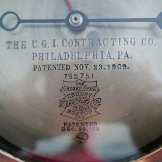 Antique Vintage Steam Pressure Gauge Crosby Pat.  1909 Brass Bezel 7 - 1/4 