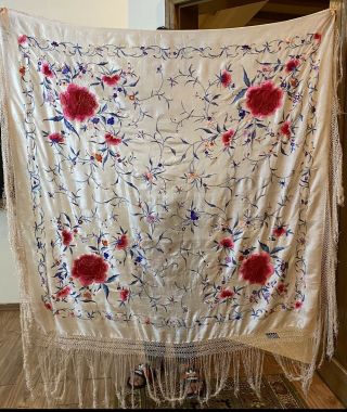 Antique Chinese Hand Embroidered Pure Silk Piano Shawl 54 " X54 " Fringe 14 " Multi