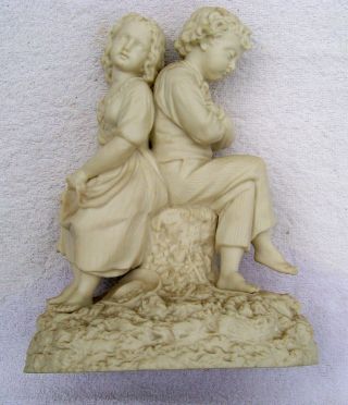 Parian Ware 19th C.  English Figurine Charming Boy And Girl Sitting Signed