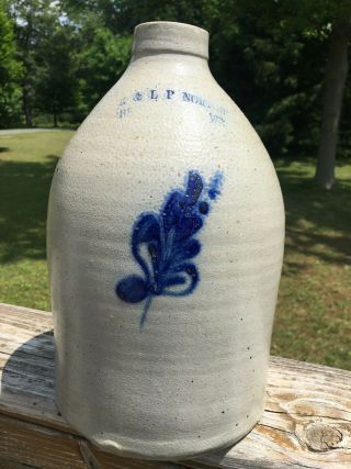 Antique E & L P Norton Crock Pottery Jug Stoneware Blue Floral Leaf Vermont