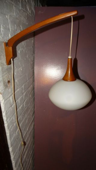 Vintage 60s Mid - Century Swiveling Teak Milk Glass Wall Pendant Danish Eames Era