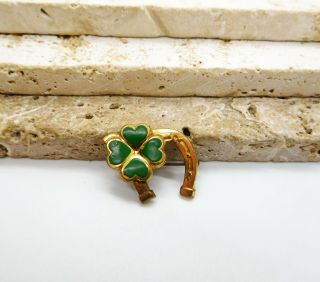 Antique Vintage Lucky 4 Leaf Clover Gold Tone Horseshoe C - Clasp Brooch Pin K24
