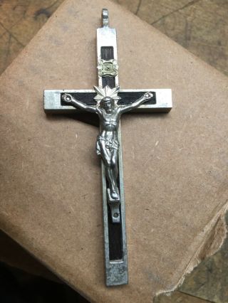 Antique Vintage Crucifix Cross Religious Pendant Silver Tone & Ebony Wood Inlay