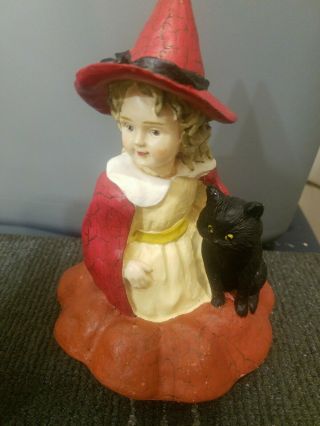 Vintage Bethany Lowe Halloween Girl With Black Cat On Pumpkin Top