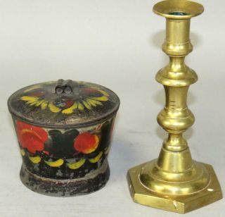 A Great 19th C Ne Paint Decorated Tin Toleware Covered Sugar Bowl All