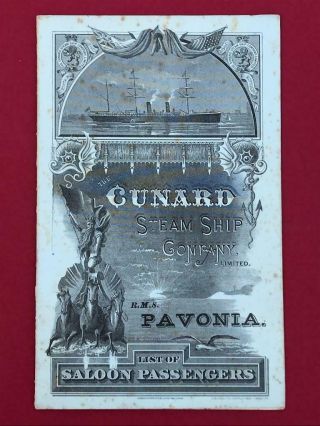 Cunard Line R.  M.  S.  " Pavonia " Saloon Passenger List Liverpool To Boston 23/8/1887