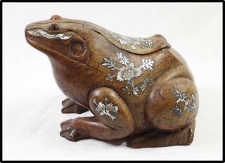 Vintage Frog Figure Large Box Burl Wood Carved With Mop Inlay Chinese