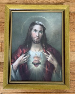 Vintage Sacred Heart Jesus Picture Consecration Of The Family Wooden Frame 18x14