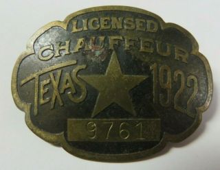 Vintage 1922 State Of Texas Licensed Chauffeur Badge No.  9761 Drivers Pin