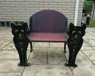 Aafa Antique Folk Art Primitive Black Cat Arched Back Wooden Bench Halloween Old