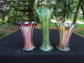 Northwood Thin Rib Antique Carnival Art Glass Set Of 3 Vases Green & Purple
