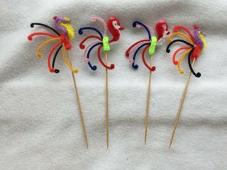 4 Chenille Bird Picks Colorful Pipe Cleaner Pick Appetizer 26606 Vintage
