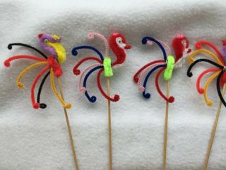 4 Chenille Bird Picks Colorful Pipe Cleaner Pick Appetizer 26606 Vintage 2