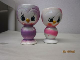Vintage Japan Pink & Violet Birds Egg Cup Chick Ceramic Figurine Anthropomorphic