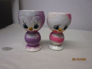 Vintage Japan Pink & Violet Birds Egg Cup Chick Ceramic Figurine Anthropomorphic 2