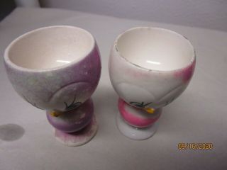 Vintage Japan Pink & Violet Birds Egg Cup Chick Ceramic Figurine Anthropomorphic 3