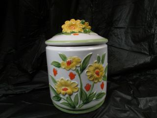 Vtg Made In Japan Cookie Jar Ceramic Flowers Daisies Yellow Green Orange Read