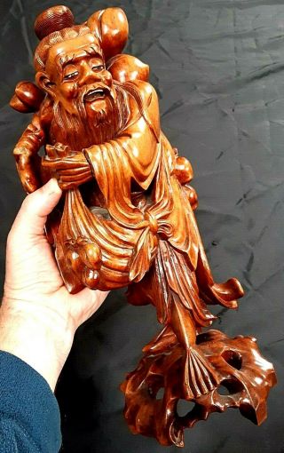 Antique Chinese Carved Hard Wood Figure Of Deity 1.  79 Kg 36.  5 Cm Tall