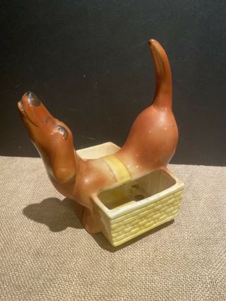 Vintage 1950’s Ceramic Brown Wiener Dog Dachshund Planter Figurine Adorable