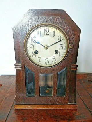 Antique Early 20th Century Oak Mantel Clock With Glass Paneled Door Pendulum Key