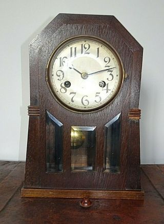 Antique Early 20th Century Oak Mantel Clock with Glass Paneled Door Pendulum Key 2