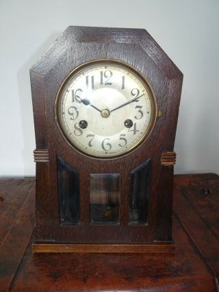 Antique Early 20th Century Oak Mantel Clock with Glass Paneled Door Pendulum Key 3