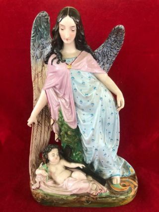Fine Antique French Paris Porcelain Hand Painted Angel And Christ Figure Group.