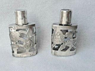 Pair Vintage Mexican Sterling Silver 925 Overlay Glass Perfume Bottle Mg Mark