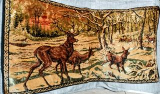Vintage 60s 70s Deer Winter Forest Woods Velvet Tapestry Rug Wall Picture 38 " L