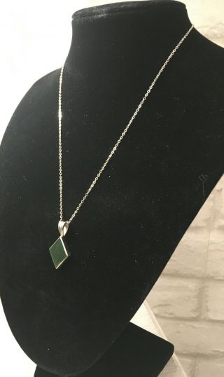 Vintage 70’s Diamond Shape Green Pendant Silver Stamped 925 On Silver Tone Chain