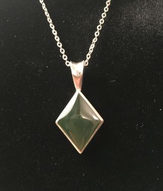 Vintage 70’s Diamond Shape Green Pendant Silver Stamped 925 on Silver Tone chain 3