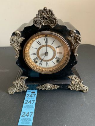 Antique Ansonia Clock Company Victorian Cast Iron Mantle Clock With Gold Accents