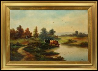 R.  Gronland | Large Provincial School Antique Oil Painting | Landscape With Cows