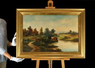 R.  Gronland | Large Provincial School Antique Oil Painting | Landscape with Cows 2