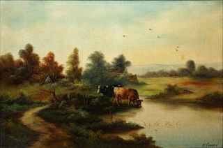 R.  Gronland | Large Provincial School Antique Oil Painting | Landscape with Cows 3