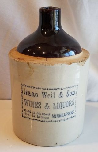 Advertising Stoneware Jug Minneapolis Wines & Liquors Isaac Weil Son Antique Old
