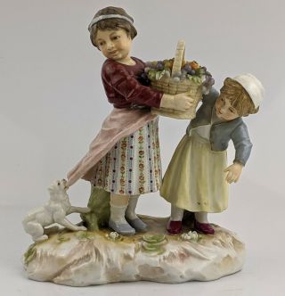 Antique Karl Ens Volkstedt Kve Mark Porcelain Figural Girls & Dog C1910 Germany