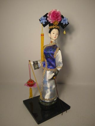 Vintage Chinese Princess Doll With Silk Brocade Dress And Accessories W/stand