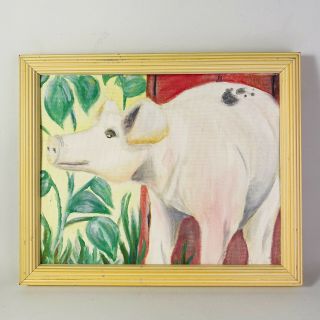 Sweet Vintage Pig In A Garden Painting On Canvas Panel With Yellow Wood Frame