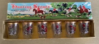Vintage Shot Glasses X 6 Hunting Scenes Made In France Boxed