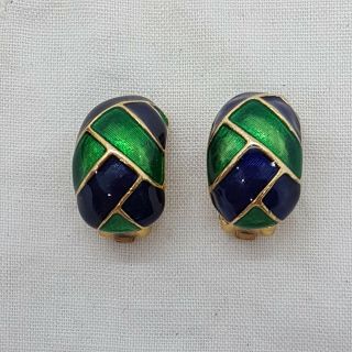 VINTAGE 80/90s Clip On Earrings Green & Blue Enamel Half Hoop Gold Tone Power 2