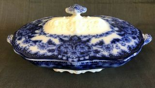 Flow Blue Covered Dish Wood & Son Seville Royal Semi Porcelain England Antique