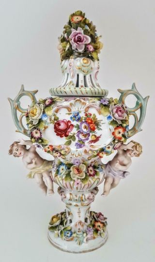 Antique 19thc Sitzendorf Cherubs Flower Encrusted Pot Pourri Trophy Urn Vase