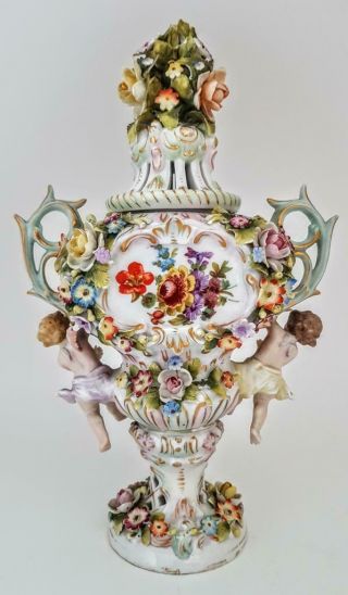 Antique 19thC Sitzendorf Cherubs Flower Encrusted Pot Pourri Trophy Urn Vase 2