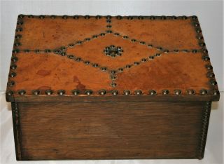 Antique Arts And Crafts Bible Box Oak Wood With Leather & Copper Studs 16in Wide