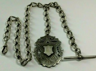 Antique Heavy Solid Silver Albert Pocket Watch Chain & Fob,  57.  59,  Grams,  C.  1900