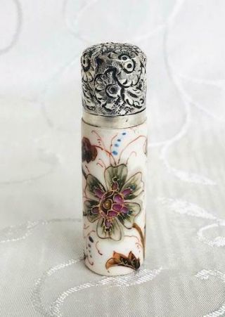Antique Imari Pattern Porcelain Perfume Scent Bottle Silver Lid Charles May 1887