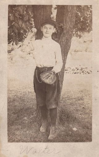 Vintage Rppc: Adorable Young Boy Posing With Baseball And Mitt,  Knickers