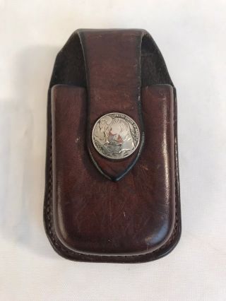 Vintage Leather Buffalo Nickel Snap Pouch Older Cell Phone Biker Holster Case