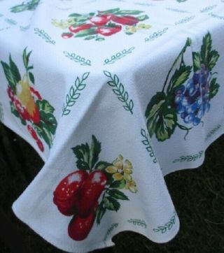 Vintage Fruit Cotton Tablecloth 48x48 Apple Cherry Grape Pear Strawberry
